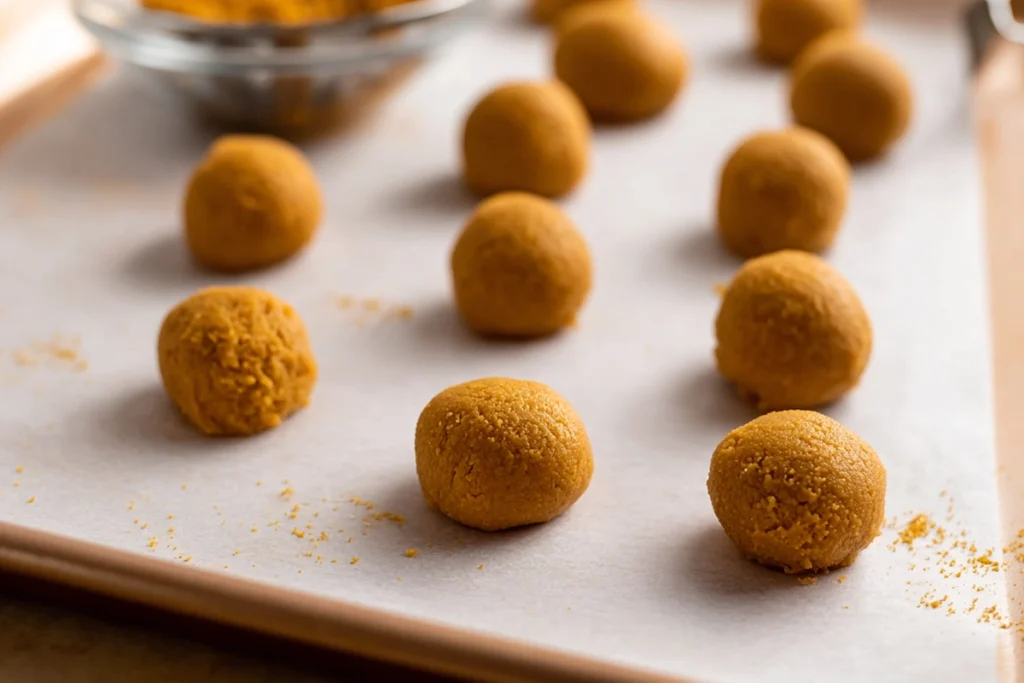 close-up of rolling pumpkin cheesecake mixture into no bake cheesecake balls on parchment paper in natural light