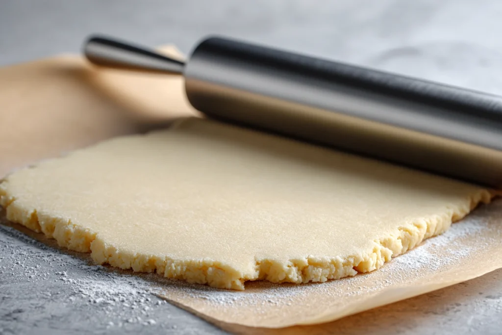 sugar cookie dough rolled evenly on parchment in modern kitchen