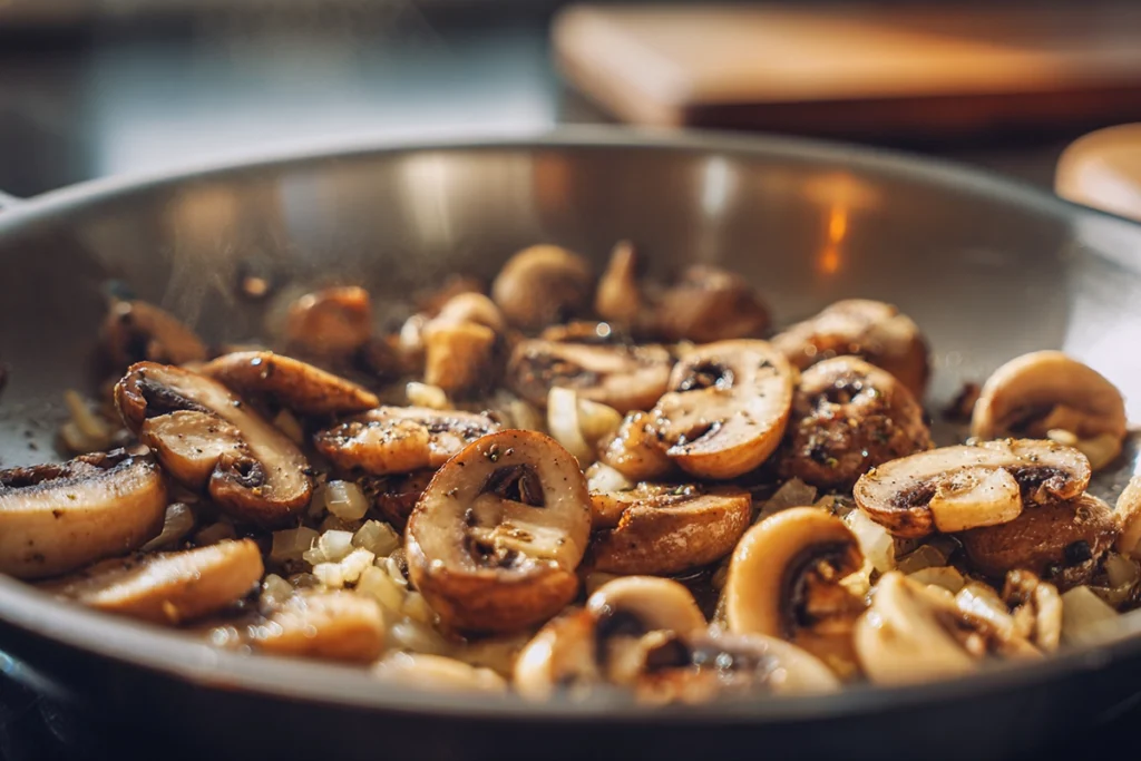 Caramelized mushrooms and aromatics cooking for creamy mushroom chicken wild rice soup