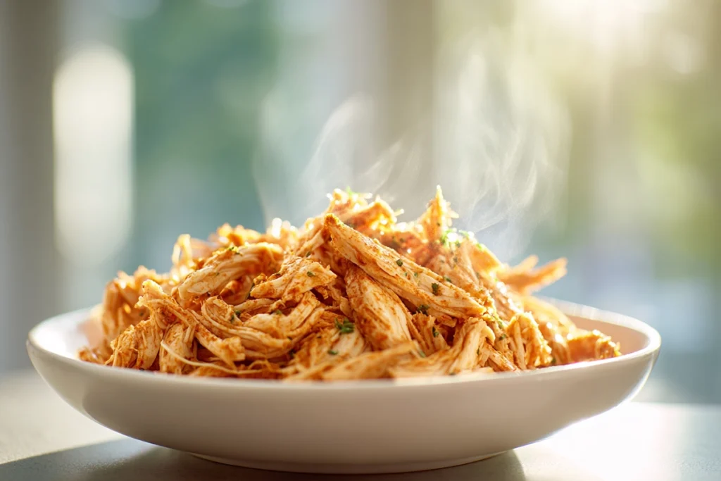 Macro shot of seasoned rotisserie chicken for Mexican Rotisserie Chicken Tostadas