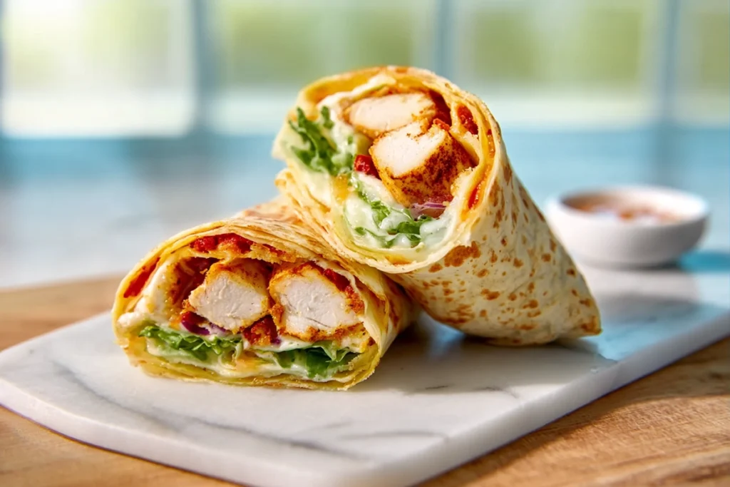 Plated serving of air fryer chicken mozzarella wraps in modern kitchen