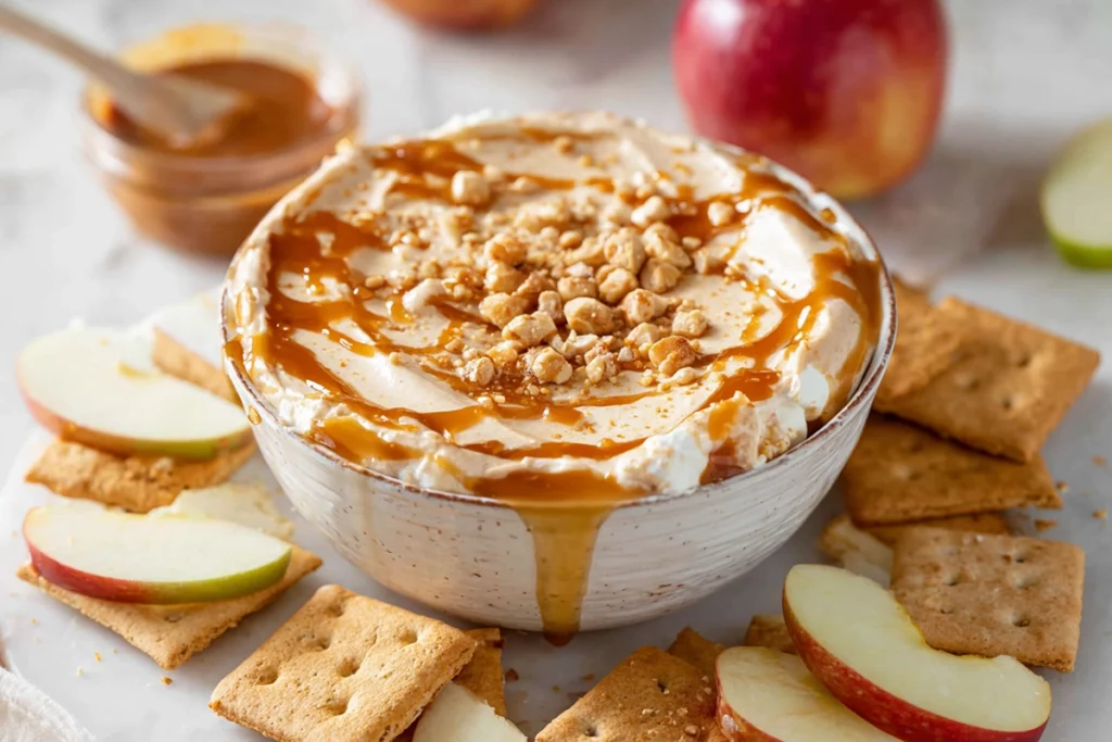 Overhead view of caramel apple cheesecake dip surrounded by apple slices, pretzels, and graham crackers on a wooden serving board.