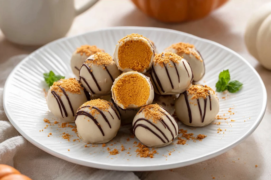 45-degree shot of chilled no bake pumpkin cheesecake balls served on plate with crumbs and mint garnish