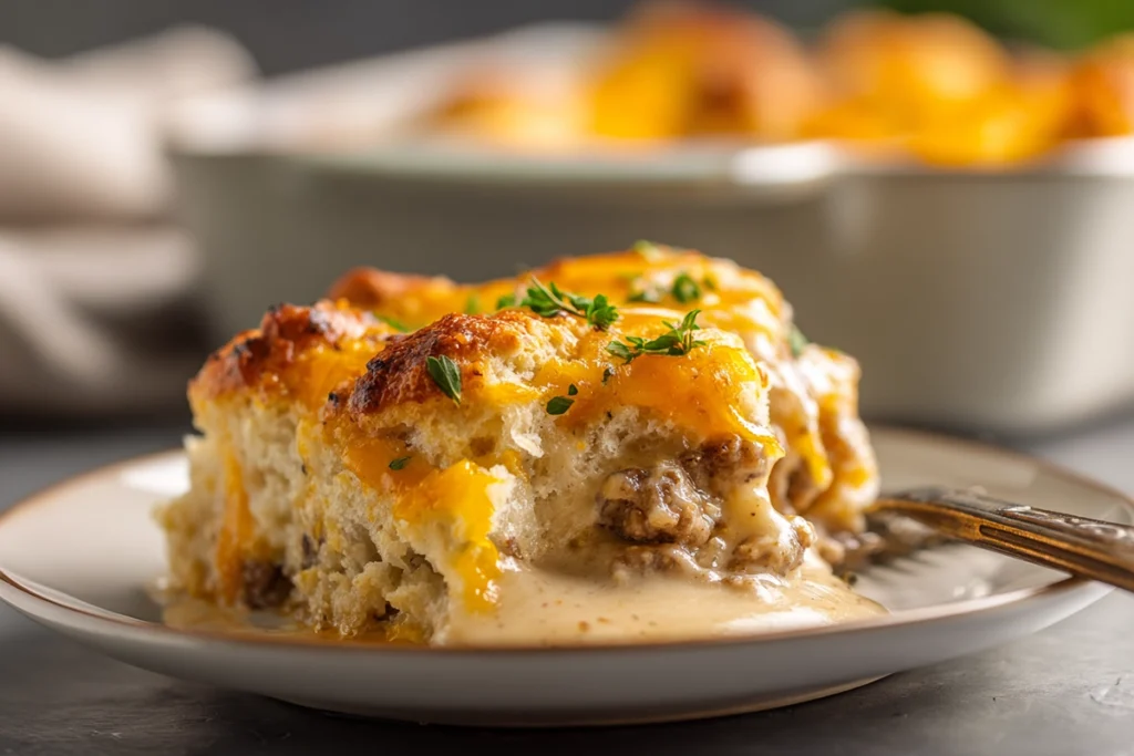 Close-up of a plated serving of biscuits and gravy casserole with melted cheese and sausage gravy