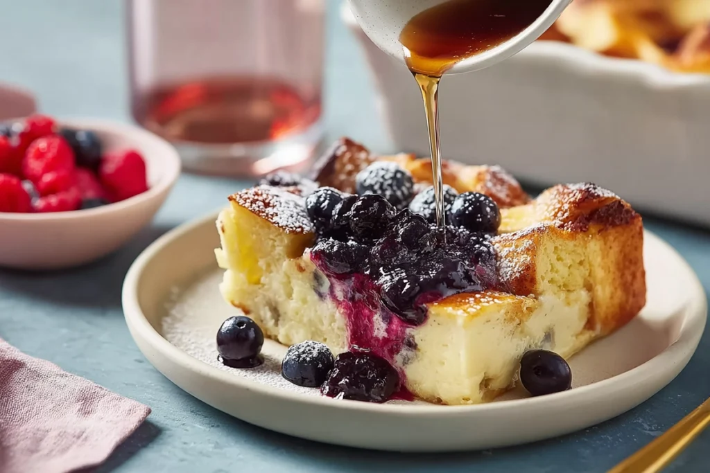 plated serving of blueberry french toast casserole with syrup and berries