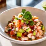 Beautiful plated shrimp ceviche in a modern kitchen with bright natural lighting