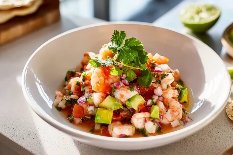 Beautiful plated shrimp ceviche in a modern kitchen with bright natural lighting
