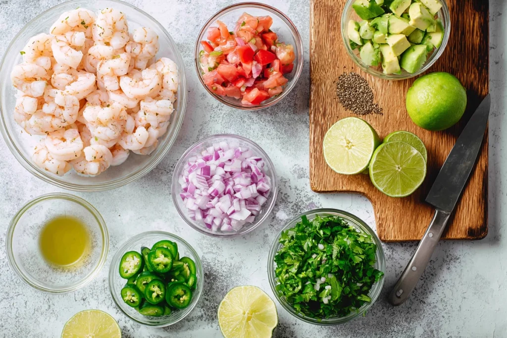 Overhead image of shrimp ceviche ingredients arranged neatly in glass bowls