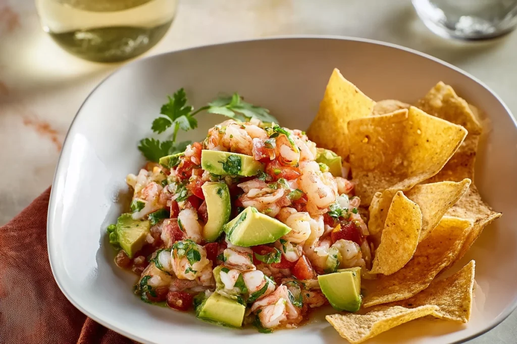 Shrimp ceviche served with tortilla chips in a clean modern kitchen