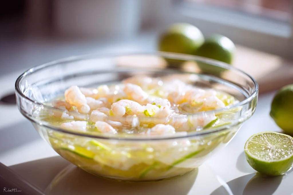Chopped shrimp marinating in lime juice for shrimp ceviche