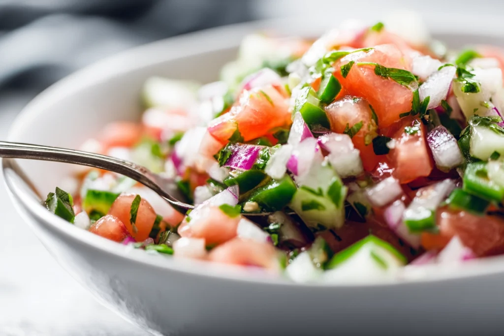Fresh diced vegetables and herbs being mixed for shrimp ceviche