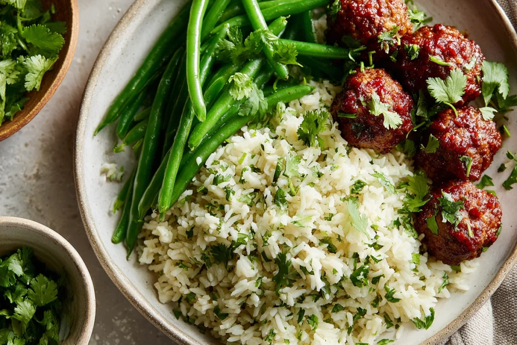 Side dishes for Sweet Chili Meatballs Crockpot, including cilantro lime rice and steamed green beans.