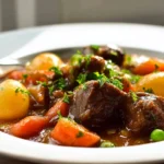 slow cooker beef stew plated with tender beef, carrots, potatoes, and garnished with fresh parsley.