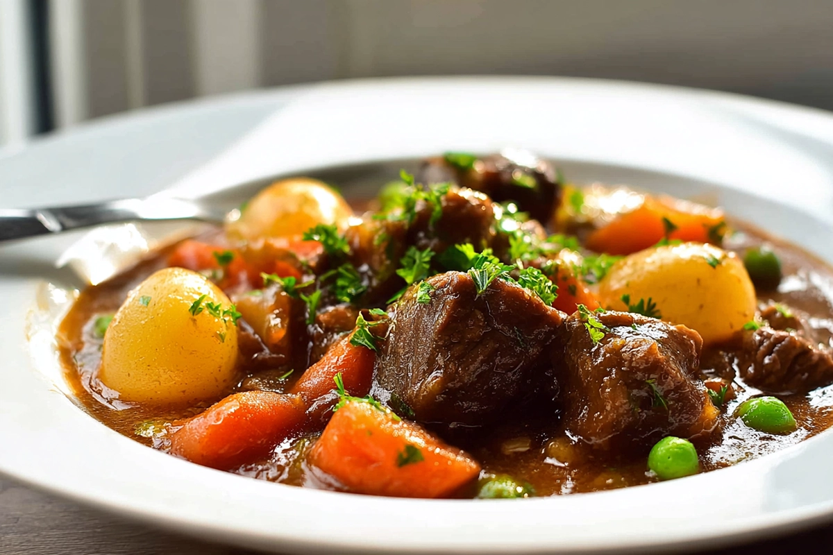 slow cooker beef stew plated with tender beef, carrots, potatoes, and garnished with fresh parsley.