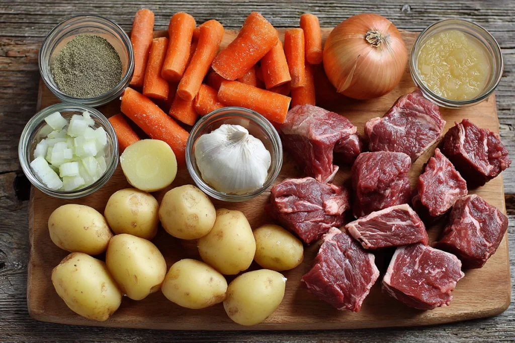 fresh ingredients for slow cooker beef stew including chuck roast, carrots, potatoes, onions, and garlic arranged on a wooden board.