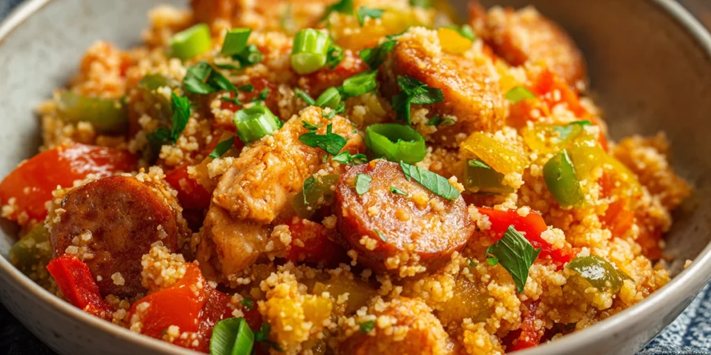 Low-calorie Slow Cooker Chicken Jambalaya with cauliflower rice, showcasing vibrant vegetables and chicken with a healthy substitution.