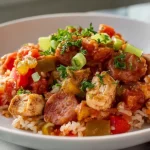 Slow Cooker Chicken Jambalaya served in a modern kitchen with vibrant vegetables and fresh herbs, photorealistic detail.