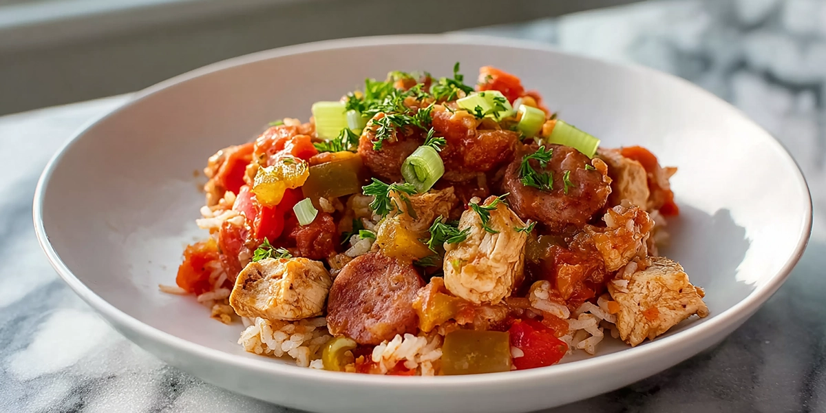 Slow Cooker Chicken Jambalaya served in a modern kitchen with vibrant vegetables and fresh herbs, photorealistic detail.