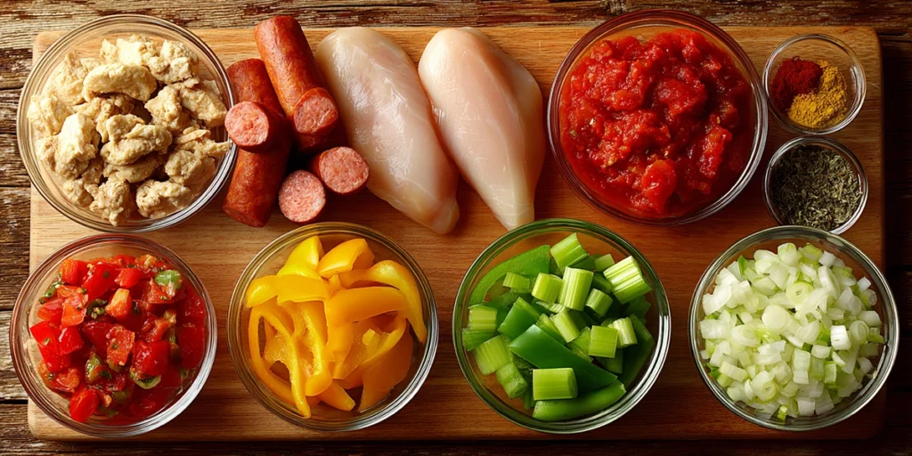 The ingredients for Slow Cooker Chicken Jambalaya neatly arranged in bowls and on a wooden board, showcasing fresh vegetables, chicken, sausage, and