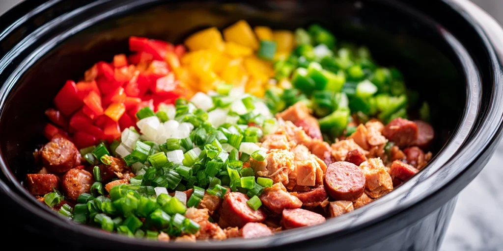 Ingredients for Slow Cooker Chicken Jambalaya ready for the slow cooker, including chicken, sausage, vegetables, and spices.