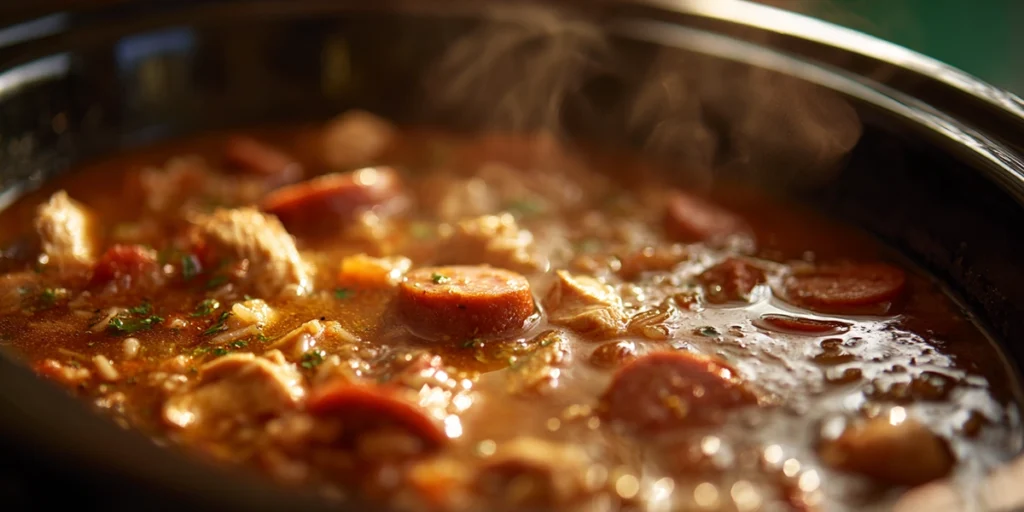 Slow Cooker Chicken Jambalaya simmering in a slow cooker with bubbling broth and visible steam, highlighting tender chicken and sausage.