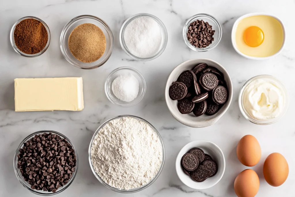 overhead image of ingredients for slutty brownies cookie dough laid out in glass bowls