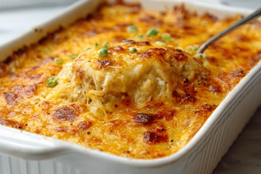 Freshly baked Spicy Southern Cheesy Chicken Spaghetti Casserole in white dish