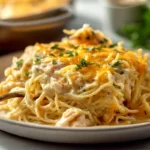 Finished plate of Spicy Southern Cheesy Chicken Spaghetti Casserole in modern kitchen