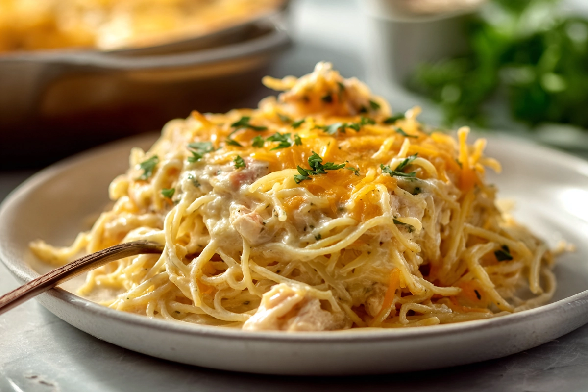 Finished plate of Spicy Southern Cheesy Chicken Spaghetti Casserole in modern kitchen