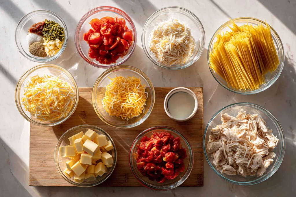 Overhead ingredients for Spicy Southern Cheesy Chicken Spaghetti Casserole arranged in glass bowls