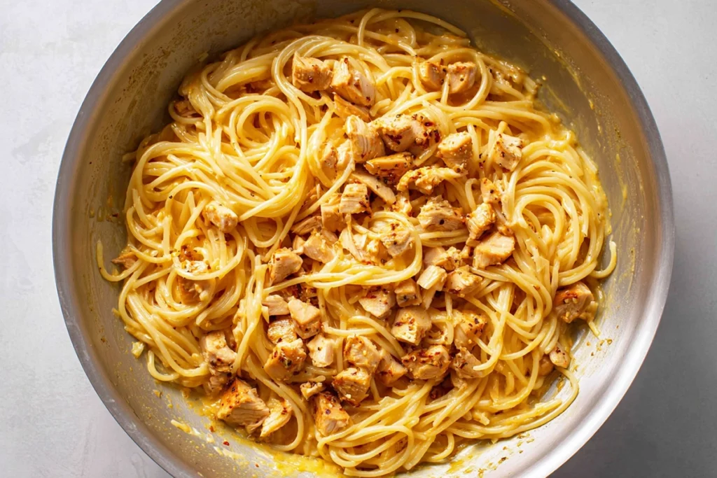 Overhead view of mixing the Spicy Southern Cheesy Chicken Spaghetti Casserole ingredients