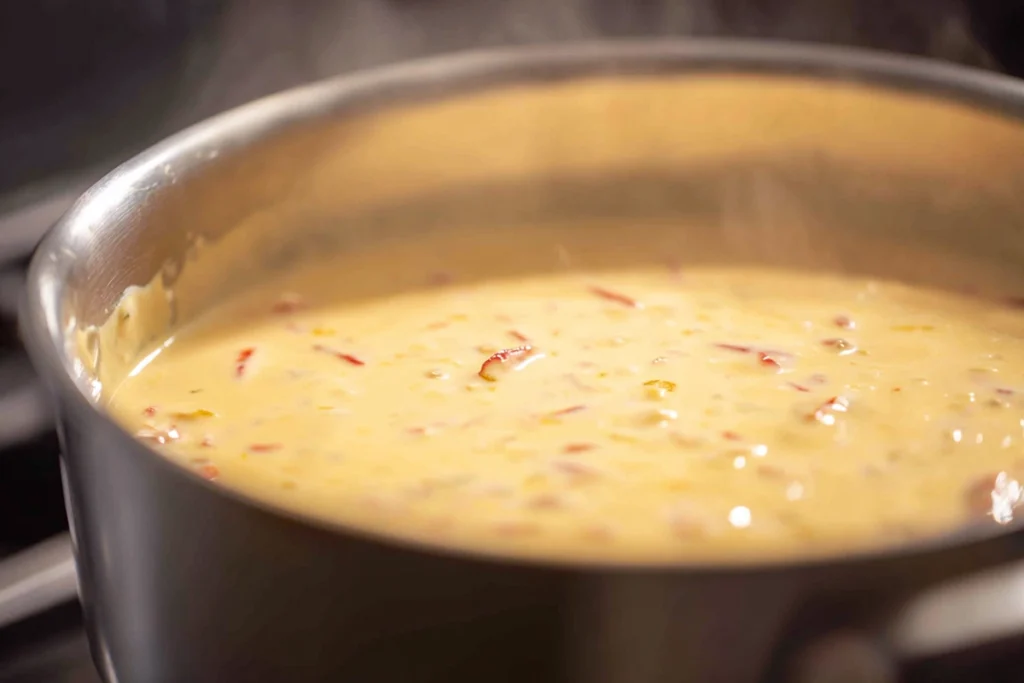 Creamy sauce being prepared for Spicy Southern Cheesy Chicken Spaghetti Casserole