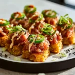 Finished spicy tuna crispy rice plated neatly in a modern kitchen hero shot