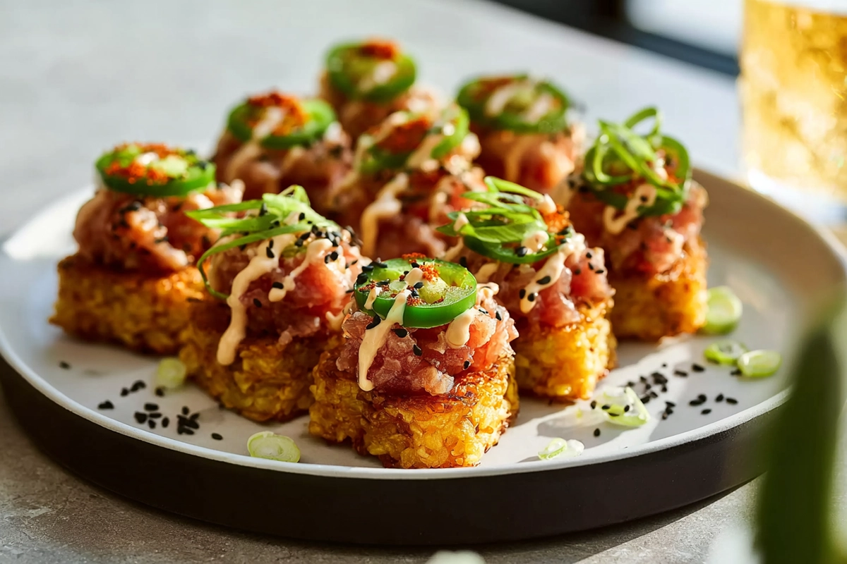 Finished spicy tuna crispy rice plated neatly in a modern kitchen hero shot