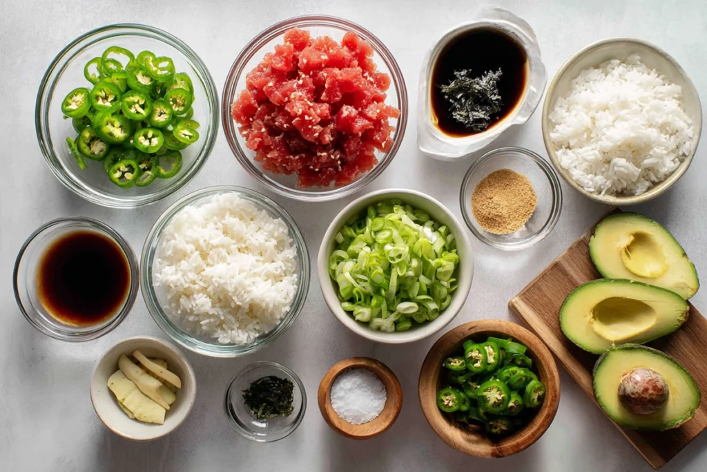 Overhead ingredients layout for spicy tuna crispy rice in glass bowls