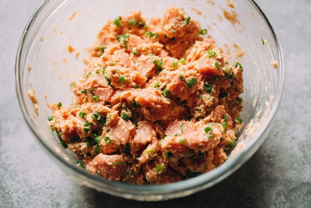 Close-up spicy tuna mixture being prepared for spicy tuna crispy rice