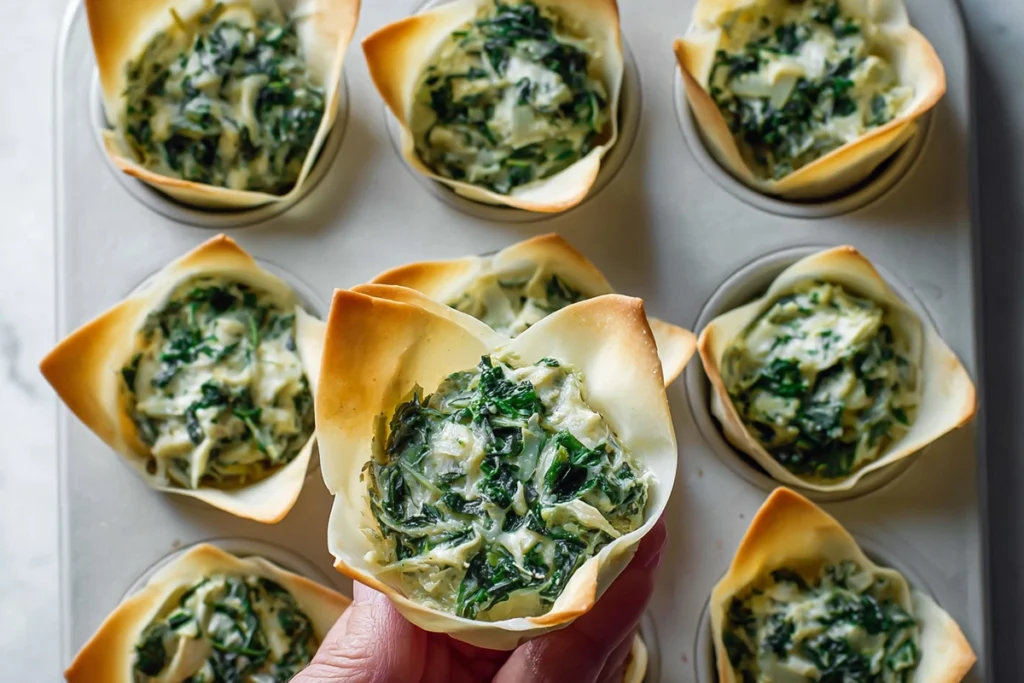 Spinach Artichoke Dip Wonton Cups That Never Disappoint 10 Overhead image of filled Spinach Artichoke Dip Wonton Cups before baking