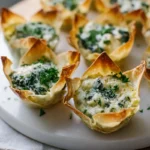 Photorealistic image of Spinach Artichoke Dip Wonton Cups on a modern kitchen counter