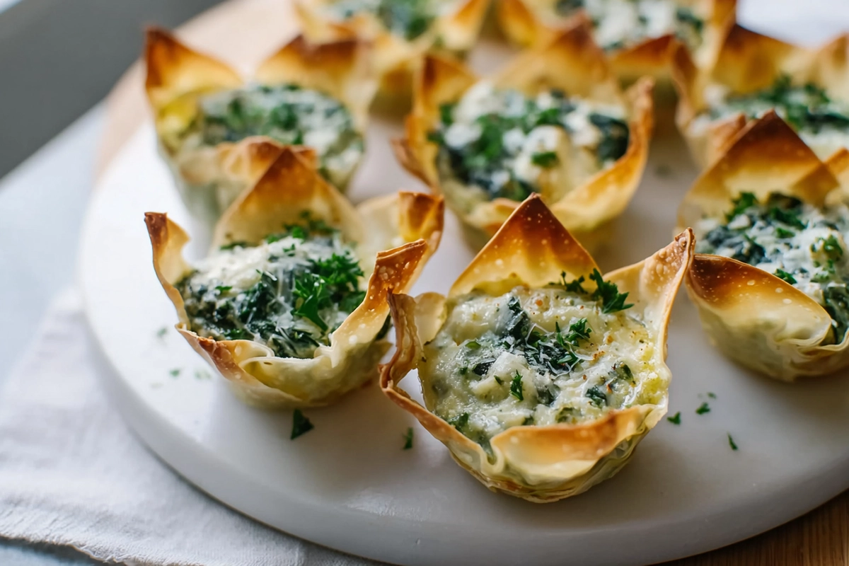 Photorealistic image of Spinach Artichoke Dip Wonton Cups on a modern kitchen counter