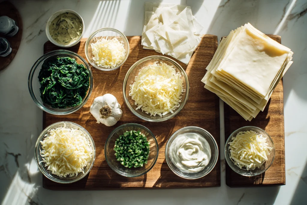 Spinach Artichoke Dip Wonton Cups That Never Disappoint 7 Overhead image of ingredients for Spinach Artichoke Dip Wonton Cups in glass bowls