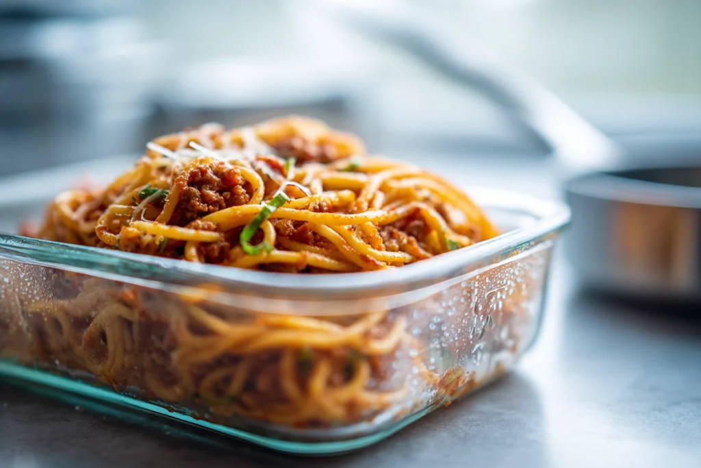 airtight glass container storing leftover crockpot taco spaghetti