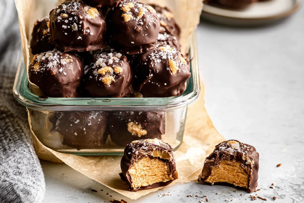 batch of no-bake Butterfinger bites stored in glass container on marble countertop