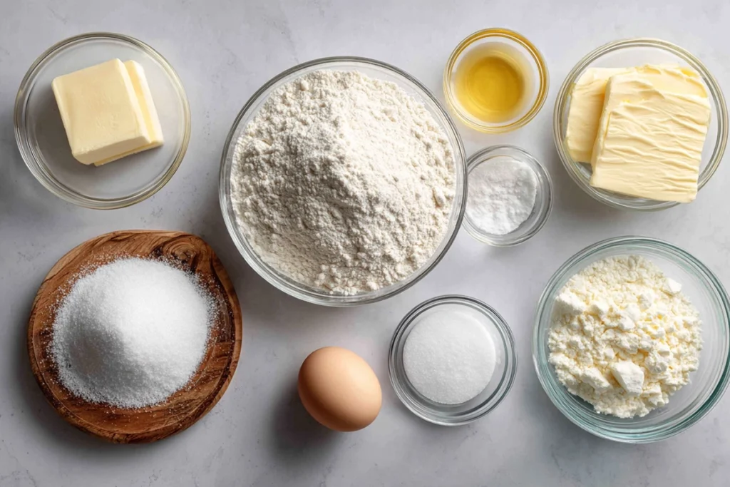 overhead ingredients for sugar cookies arranged neatly in bowls