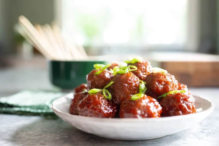 Sweet Chili Meatballs Crockpot plated dish with garnishes, natural daylight, shallow depth of field.