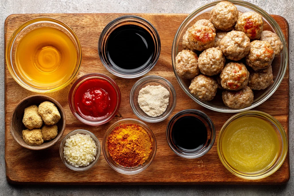 Main ingredients for Sweet Chili Meatballs Crockpot, including meatballs, sweet chili sauce, soy sauce, honey, and garlic powder.
