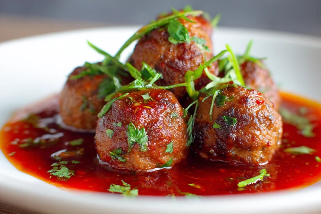 Vegan sweet chili meatballs made from lentils, garnished with herbs, on a white plate.