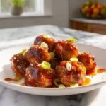 sweet chili meatballs plated with glossy sauce and garnish