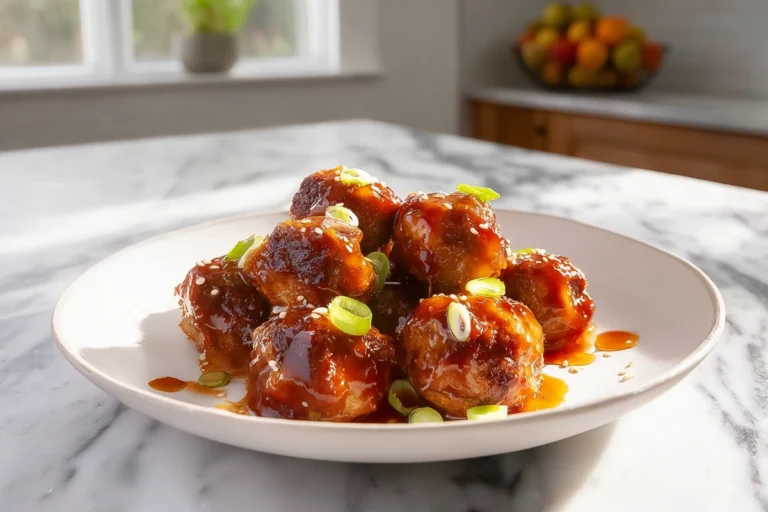 sweet chili meatballs plated with glossy sauce and garnish