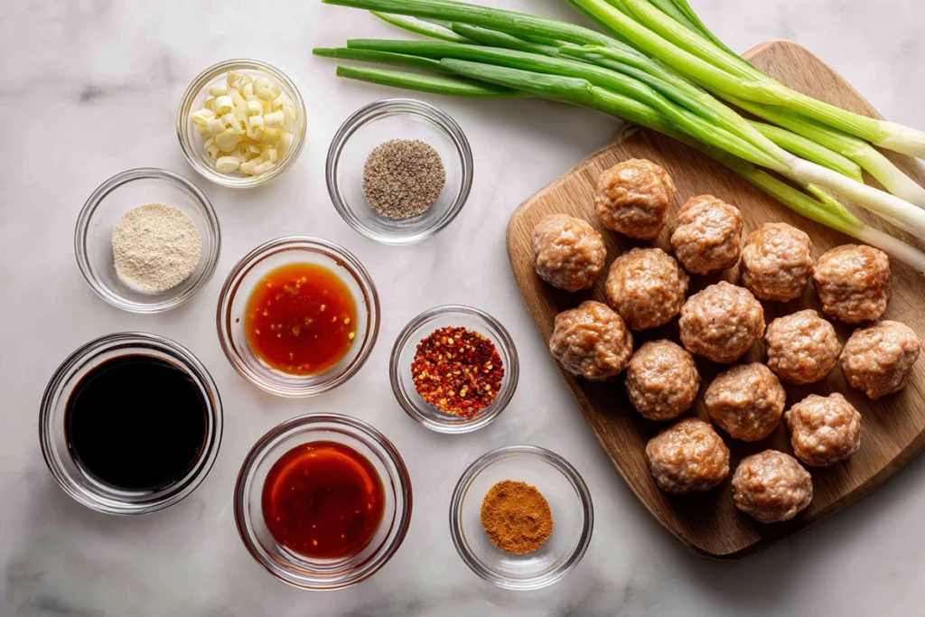 sweet chili meatballs ingredients arranged neatly on counter