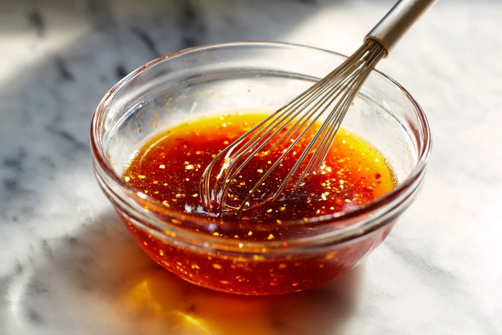 sweet chili meatballs sauce mixture being combined in bowl